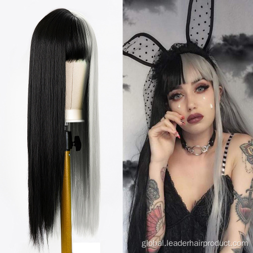 Synthetic Hair Half Black Half Grey Straight Wig For Girls Factory